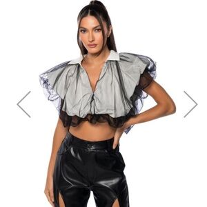 FEELIN CHIC TULLE COLLARED BLOUSE IN BLACK WHITE Akira